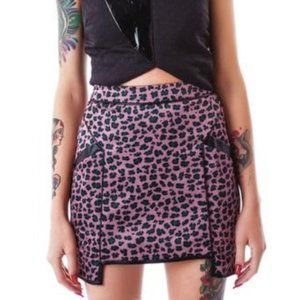 New English Rose Leopard Faux Leather Step Hem Mini Skirt Pink Black Size Small